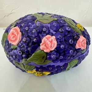 VTG 70s‎ Ceramic Egg Trinket Box Floral Roses Hydrangea Purple Easter Egg Decor